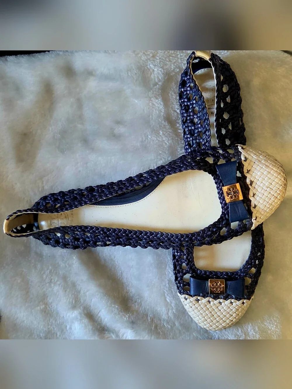 Tory Burch Navy Raffia-Trim Bow Flats